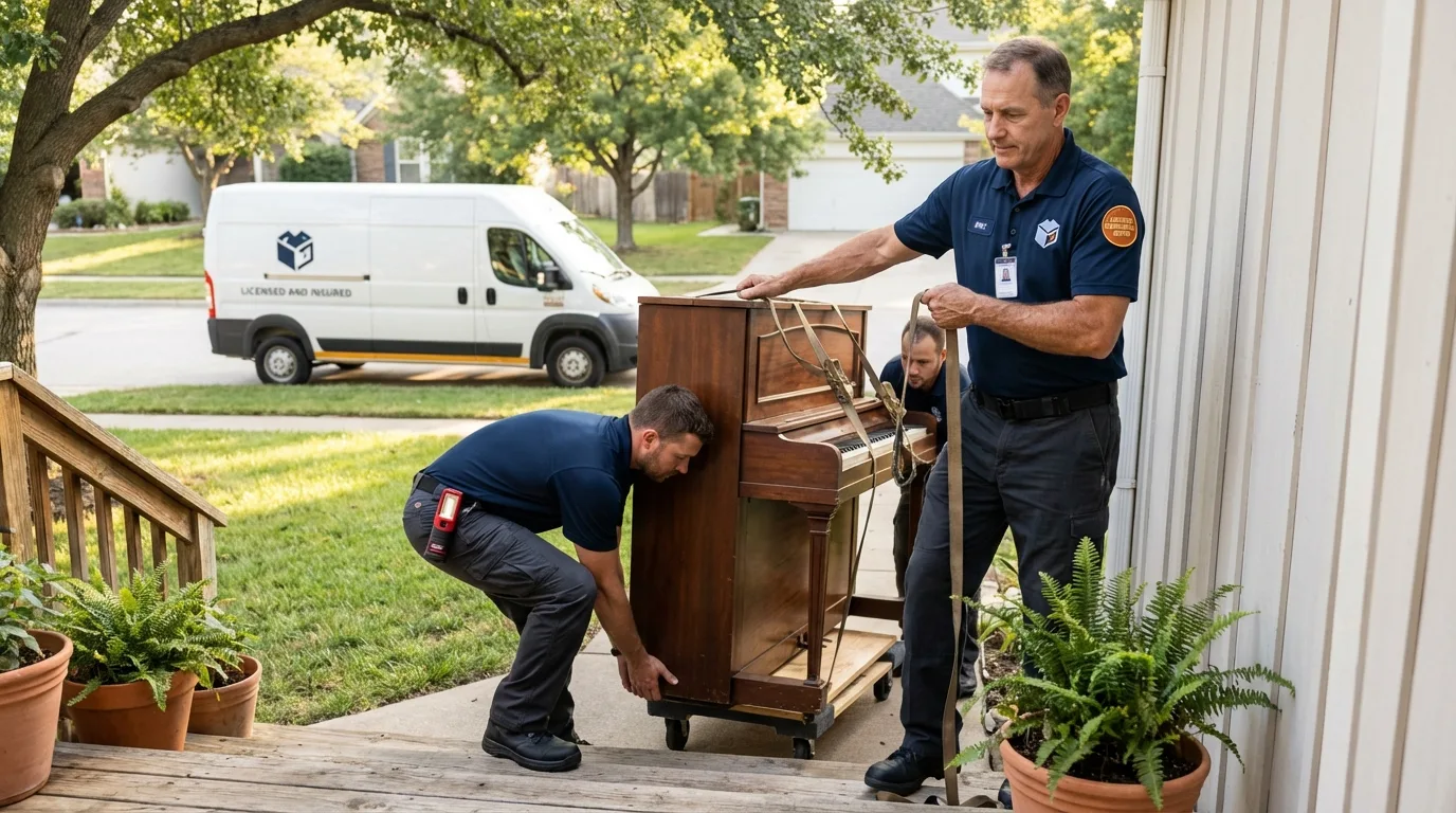Licensed piano movers securing grand piano in Centereach, NY
