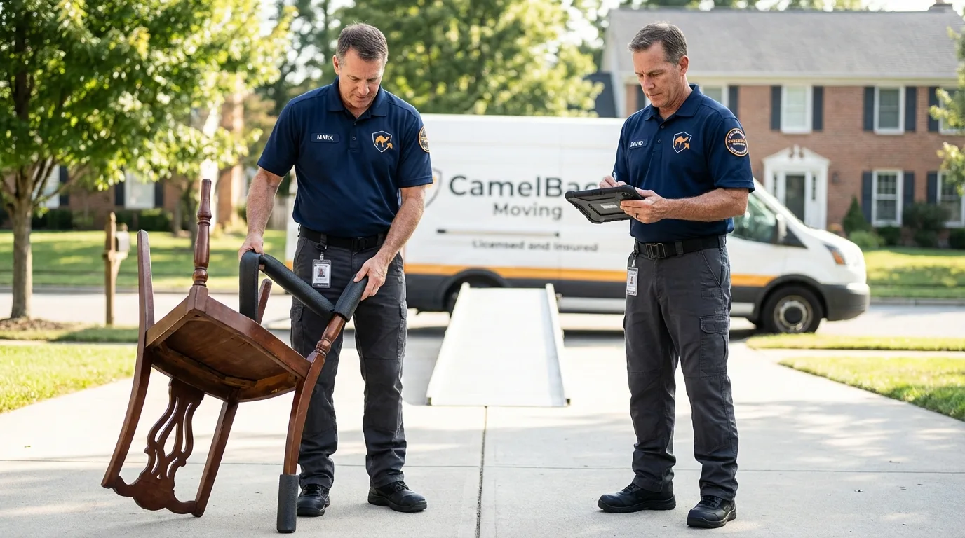 Movers inspecting furniture for damage prevention before loading in Centereach, NY