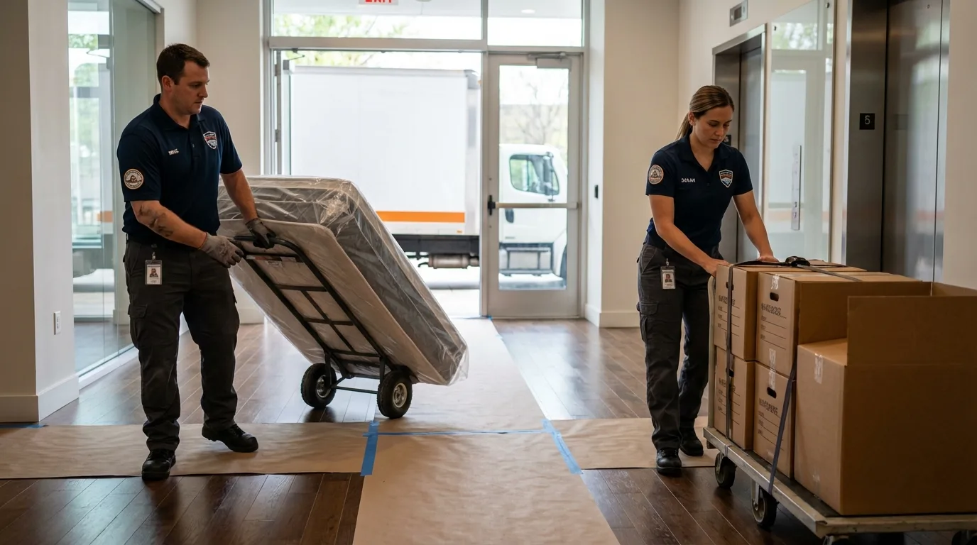 Professional apartment movers loading elevator in Centereach, NY
