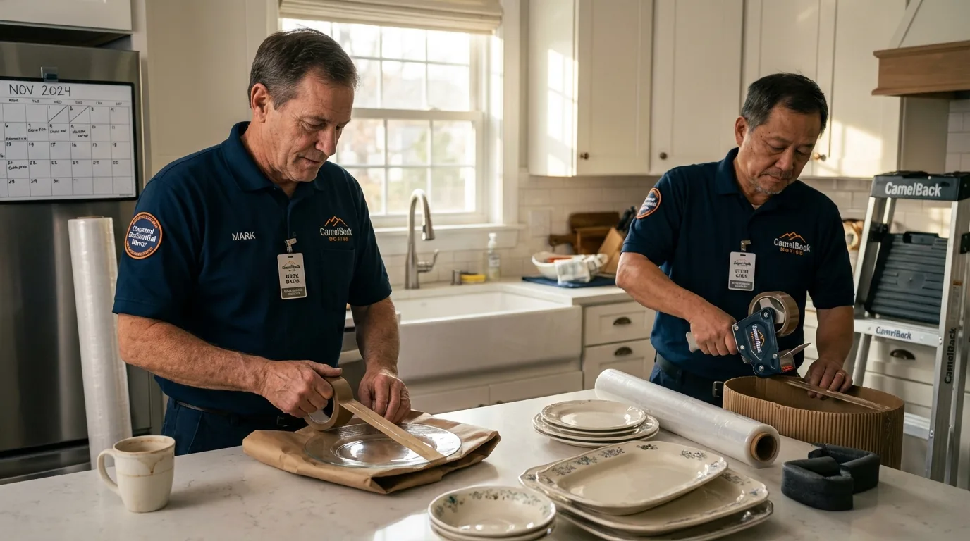 Professional crew packing kitchen dishware in Centereach, NY